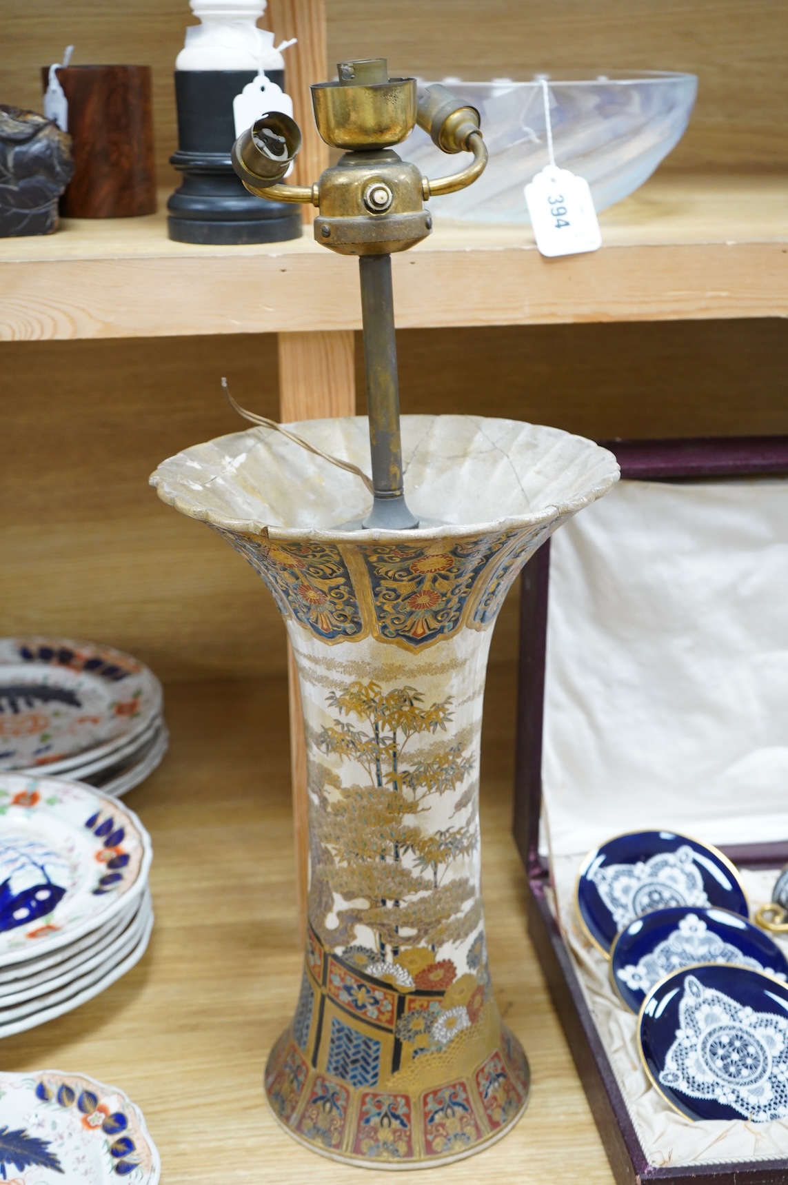 A Japanese Imperial Satsuma vase, signed, Meiji period (1868-1912), mounted as a lamp, 38cm to rim